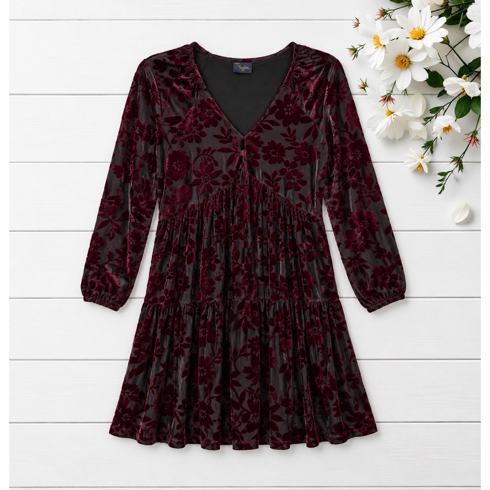 Just...Taylor‎ Burgundy Velvet Burnout Tiered Dress whimsigoth romantic